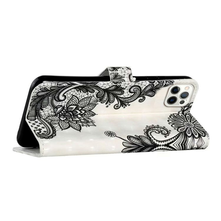 For iPhone 16 Pro Case 3D Pattern Leather Wallet Phone Cover Bookstyle Magnetic Clasp - Lace Flower
