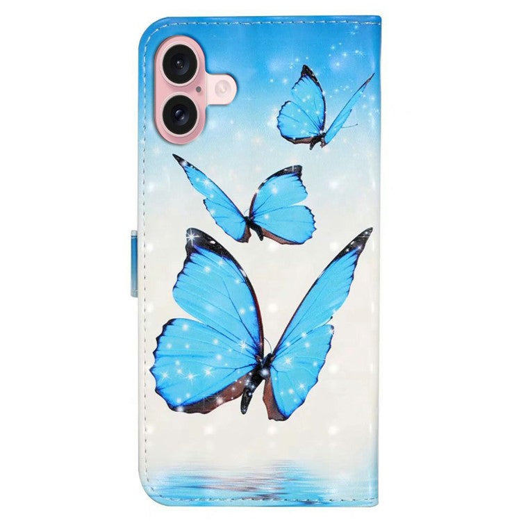 For iPhone 16 Case 3D Creative Pattern PU Leather Stand Phone Cover - Three Butterflies