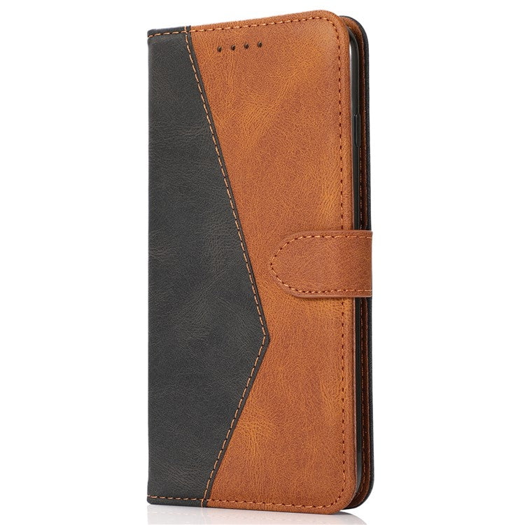 For iPhone 16 Plus Case Splicing Color Magnetic Clasp Leather Phone Cover - Black+Brown