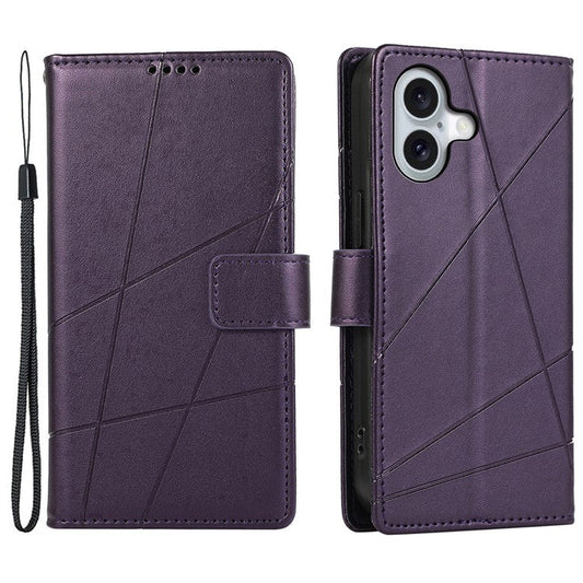 DF-06 For iPhone 16 Wallet Case Line Imprint Leather Flip Phone Cover - Purple
