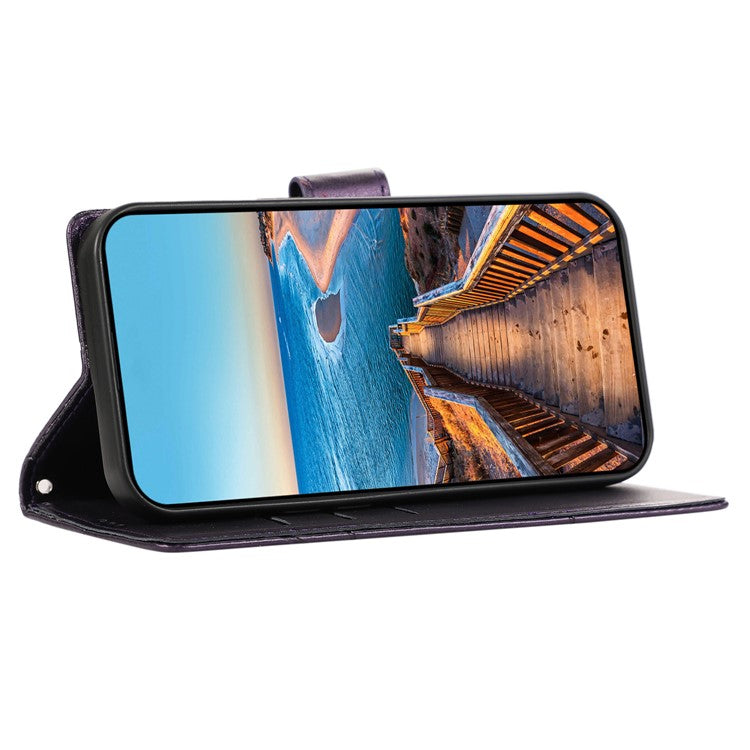 DF-06 For iPhone 16 Wallet Case Line Imprint Leather Flip Phone Cover - Purple