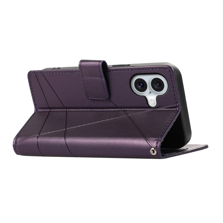 DF-06 For iPhone 16 Wallet Case Line Imprint Leather Flip Phone Cover - Purple