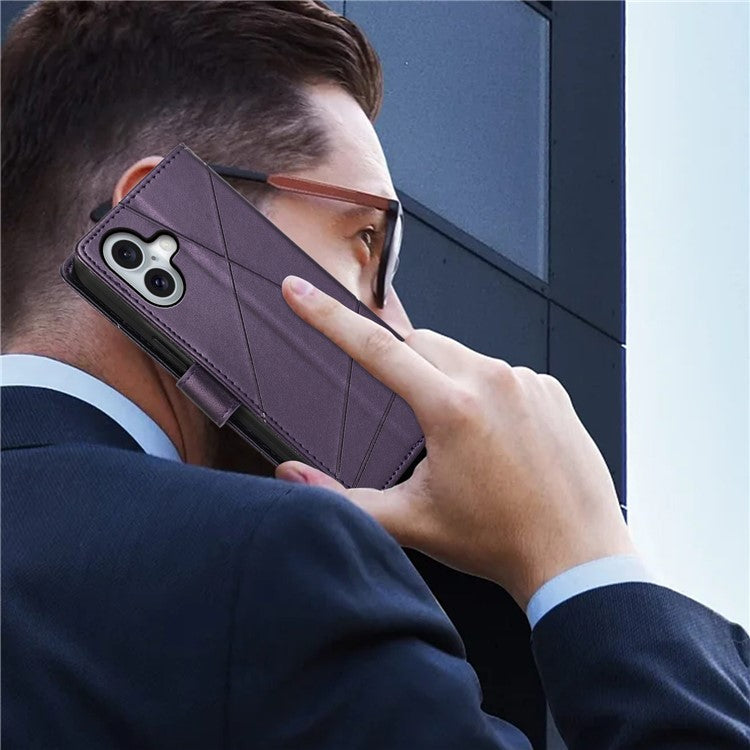 DF-06 For iPhone 16 Wallet Case Line Imprint Leather Flip Phone Cover - Purple