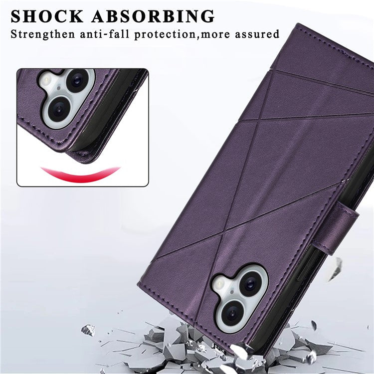 DF-06 For iPhone 16 Wallet Case Line Imprint Leather Flip Phone Cover - Purple