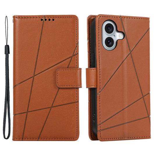 DF-06 For iPhone 16 Plus Shockproof Case Line Imprint Wallet Phone Cover - Brown