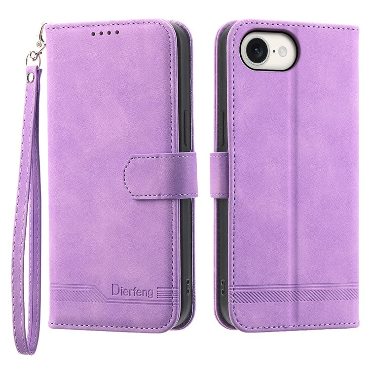 DIERFENG DF-03 For iPhone 16e Wallet Cover Card Slot Lines Imprinted Phone Case - Purple