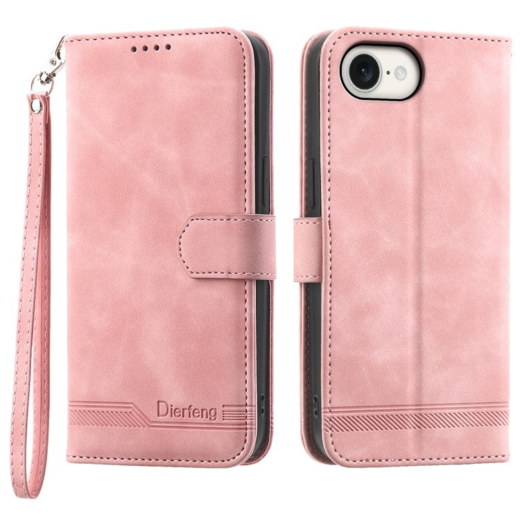DIERFENG DF-03 For iPhone 16e Wallet Cover Card Slot Lines Imprinted Phone Case - Pink