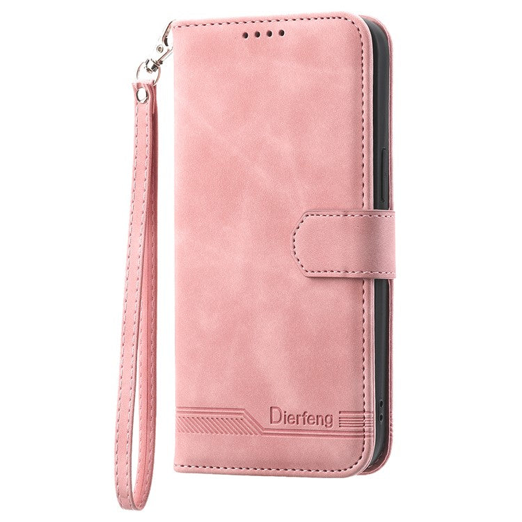 DIERFENG DF-03 For iPhone 16e Wallet Cover Card Slot Lines Imprinted Phone Case - Pink