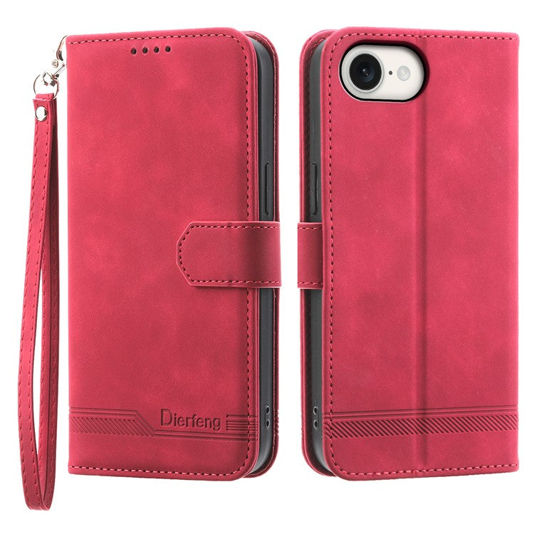 DIERFENG DF-03 For iPhone 16e Wallet Cover Card Slot Lines Imprinted Phone Case - Red