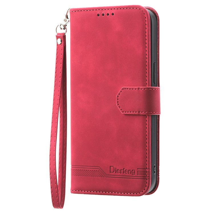 DIERFENG DF-03 For iPhone 16e Wallet Cover Card Slot Lines Imprinted Phone Case - Red