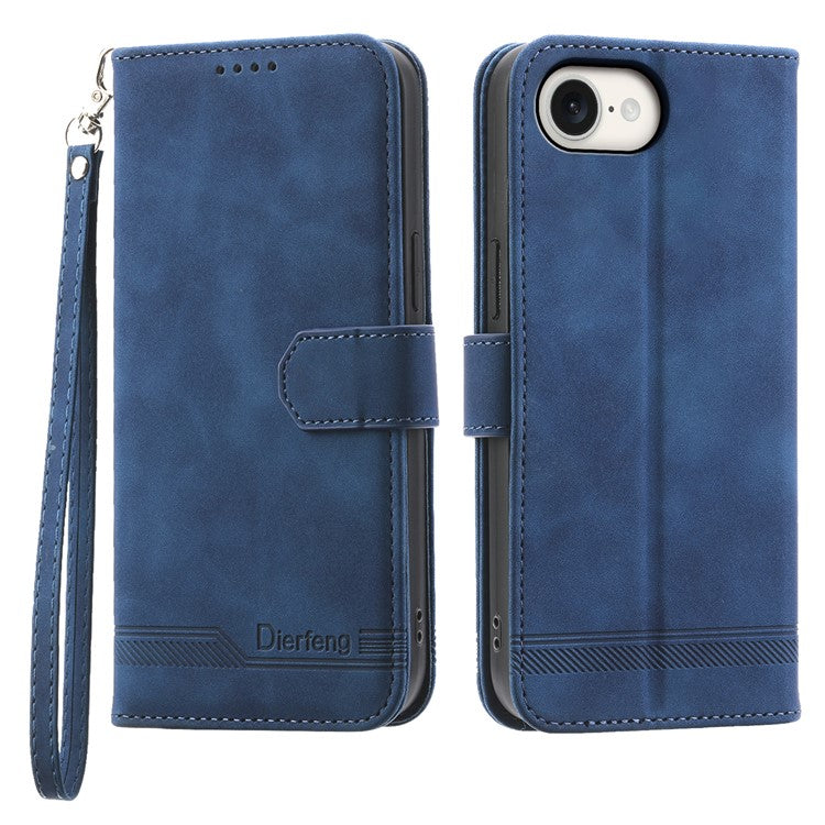 DIERFENG DF-03 For iPhone 16e Wallet Cover Card Slot Lines Imprinted Phone Case - Blue