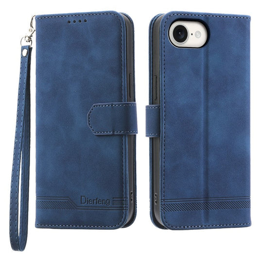 DIERFENG DF-03 For iPhone 16e Wallet Cover Card Slot Lines Imprinted Phone Case - Blue