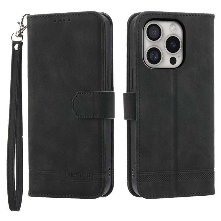 DIERFENG DF-03 For iPhone 16 Pro Leather Case Lines Imprinted Wallet Phone Cover - Black