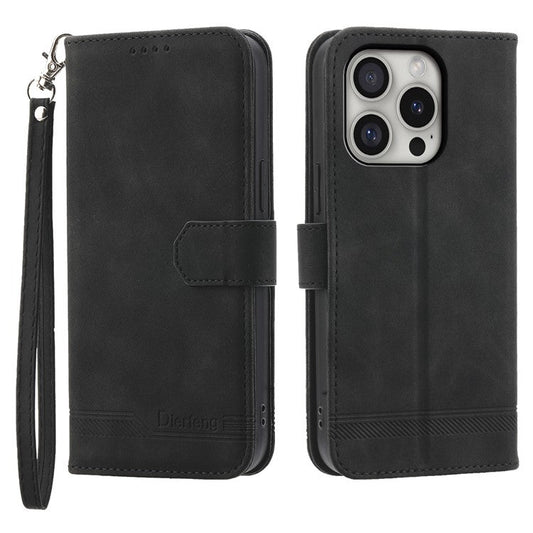 DIERFENG DF-03 For iPhone 16 Pro Leather Case Lines Imprinted Wallet Phone Cover - Black