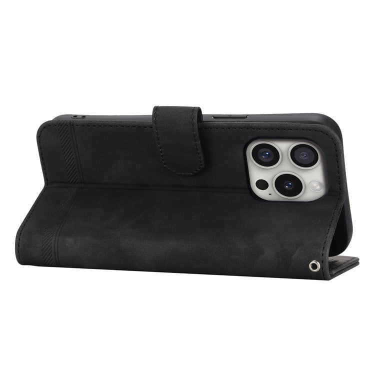 DIERFENG DF-03 For iPhone 16 Pro Leather Case Lines Imprinted Wallet Phone Cover - Black