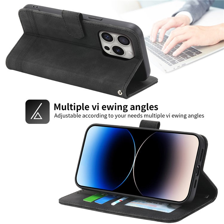 DIERFENG DF-03 For iPhone 16 Pro Leather Case Lines Imprinted Wallet Phone Cover - Black
