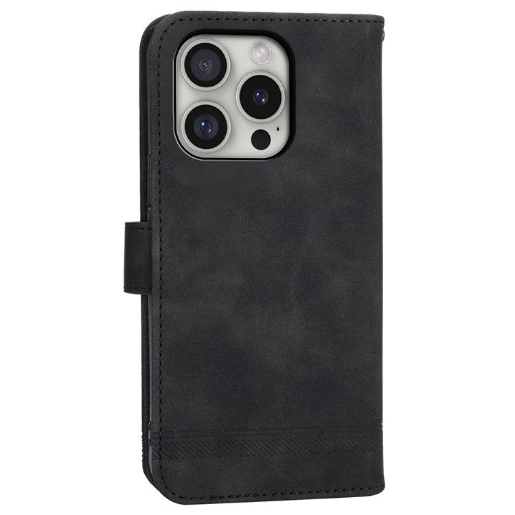 DIERFENG DF-03 For iPhone 16 Pro Leather Case Lines Imprinted Wallet Phone Cover - Black