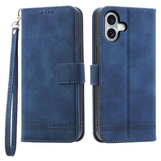 DIERFENG DF-03 For iPhone 16 Plus Wallet Case Lines Imprinted Leather Phone Cover - Blue