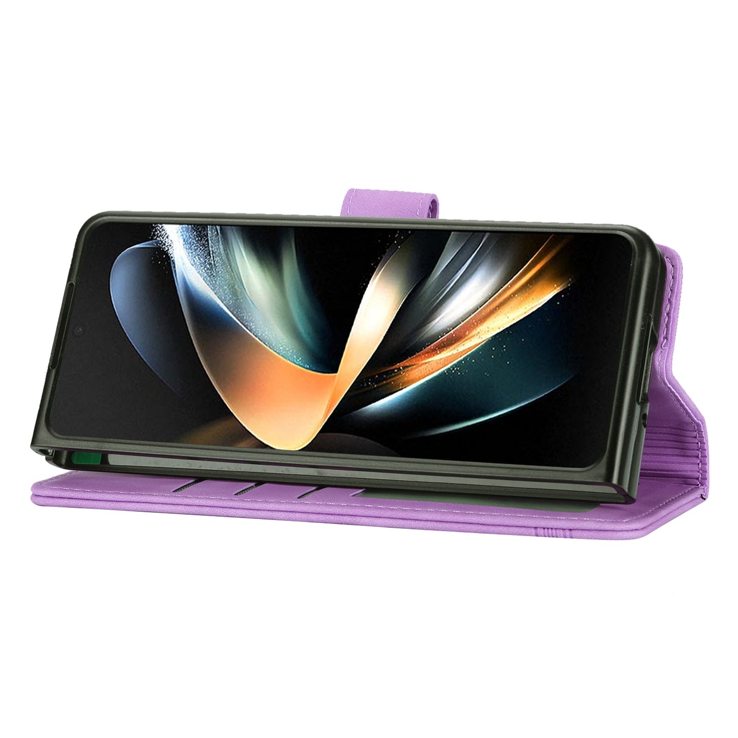 DIERFENG DF-03 For Samsung Galaxy Z Fold6 5G Wallet Phone Case Lines Imprinted Leather Cover - Purple