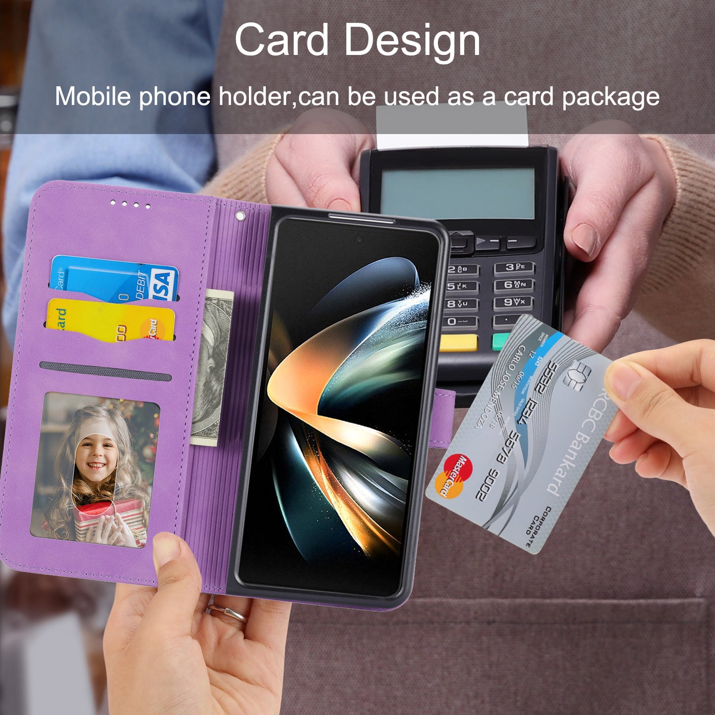 DIERFENG DF-03 For Samsung Galaxy Z Fold6 5G Wallet Phone Case Lines Imprinted Leather Cover - Purple