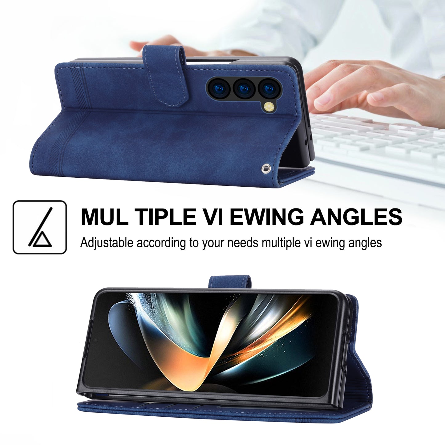 DIERFENG DF-03 For Samsung Galaxy Z Fold6 5G Wallet Phone Case Lines Imprinted Leather Cover - Blue