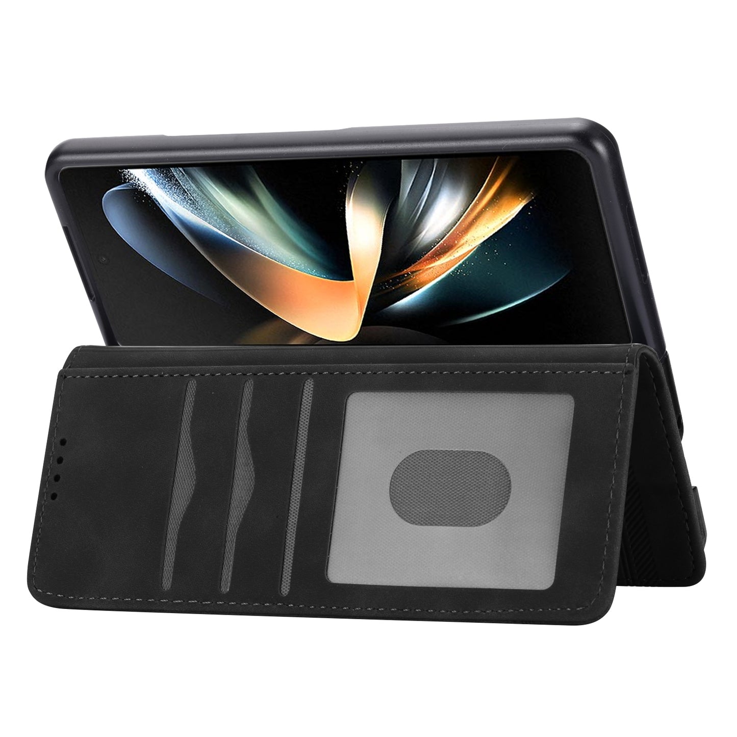 DIERFENG DF-03 For Samsung Galaxy Z Fold6 5G Wallet Phone Case Lines Imprinted Leather Cover - Black