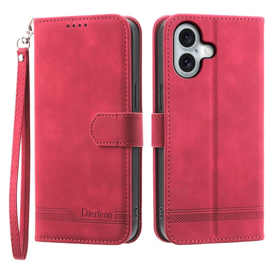 DIERFENG DF-03 For iPhone 16 Case Anti-Drop Lines Imprinted Wallet Phone Cover - Red