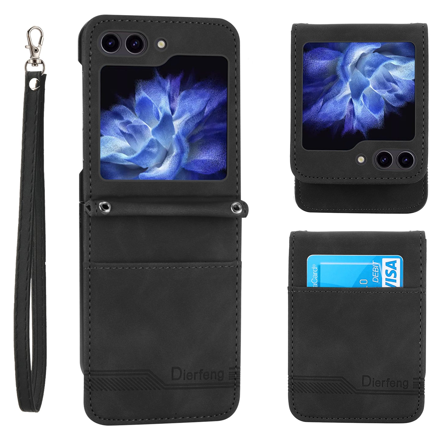 DIERFENG DF-03 For Samsung Galaxy Z Flip6 5G Card Slot Case Lines Imprinted Phone Cover - Black