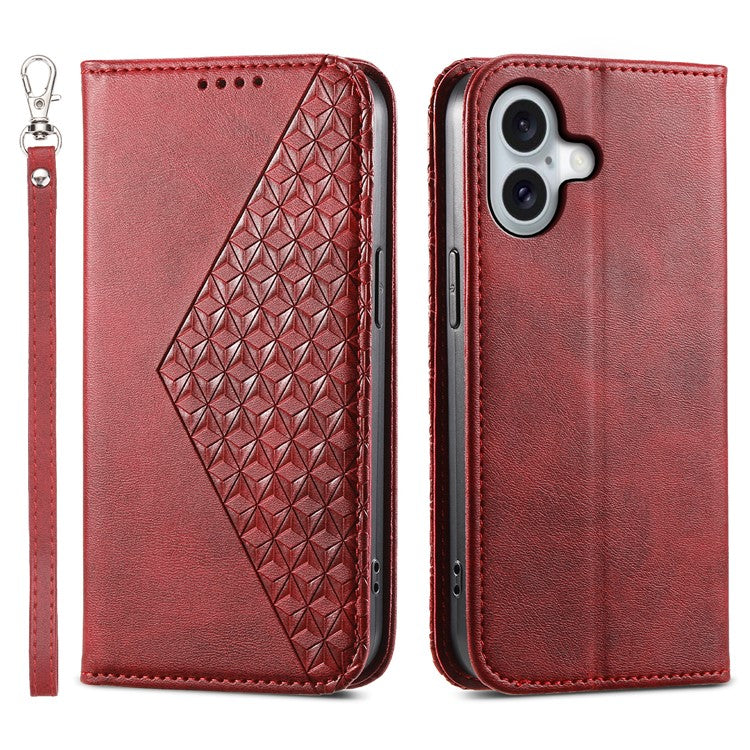For iPhone 16 Wallet Case Calf Texture PU Leather Phone Cover with Strap - Red