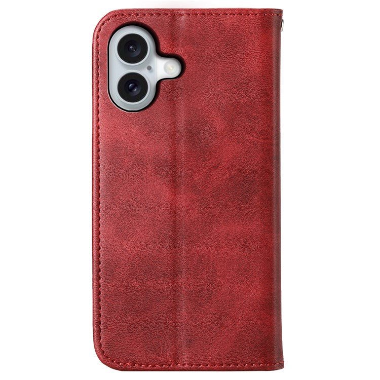 For iPhone 16 Wallet Case Calf Texture PU Leather Phone Cover with Strap - Red