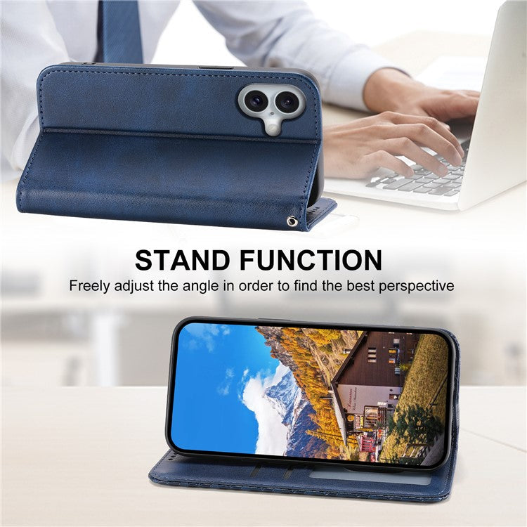 For iPhone 16 Wallet Case Calf Texture PU Leather Phone Cover with Strap - Blue