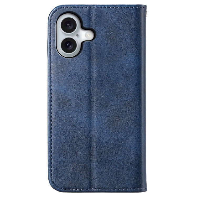 For iPhone 16 Wallet Case Calf Texture PU Leather Phone Cover with Strap - Blue
