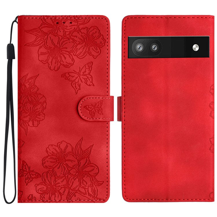 For Google Pixel 8a Case PU Leather Butterfly Flower Folio Card Slots Phone Cover - Red
