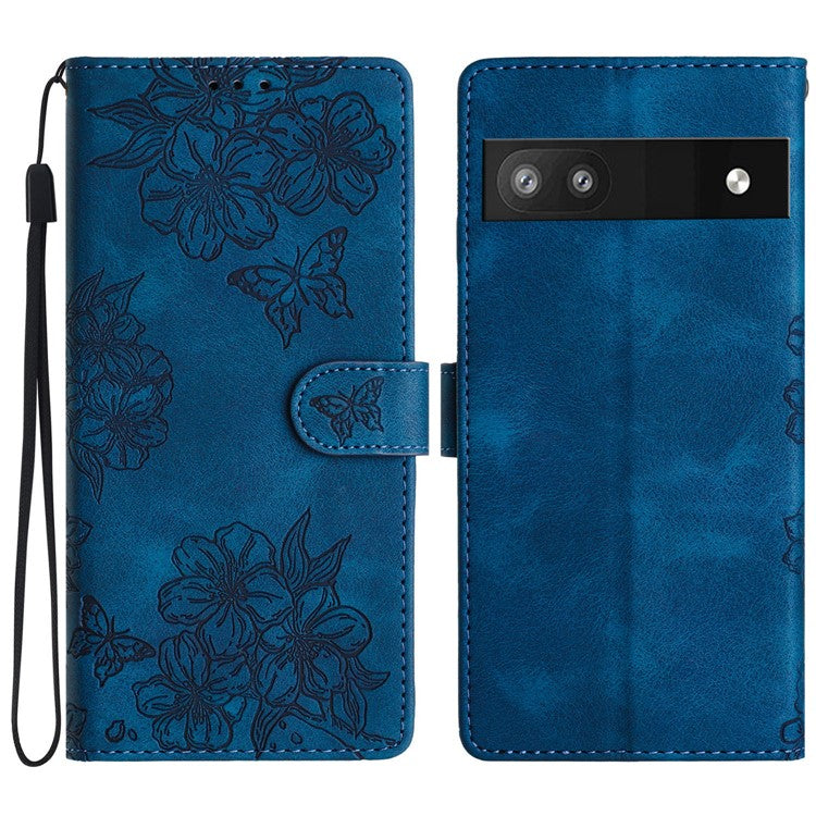 For Google Pixel 8a Case PU Leather Butterfly Flower Folio Card Slots Phone Cover - Blue