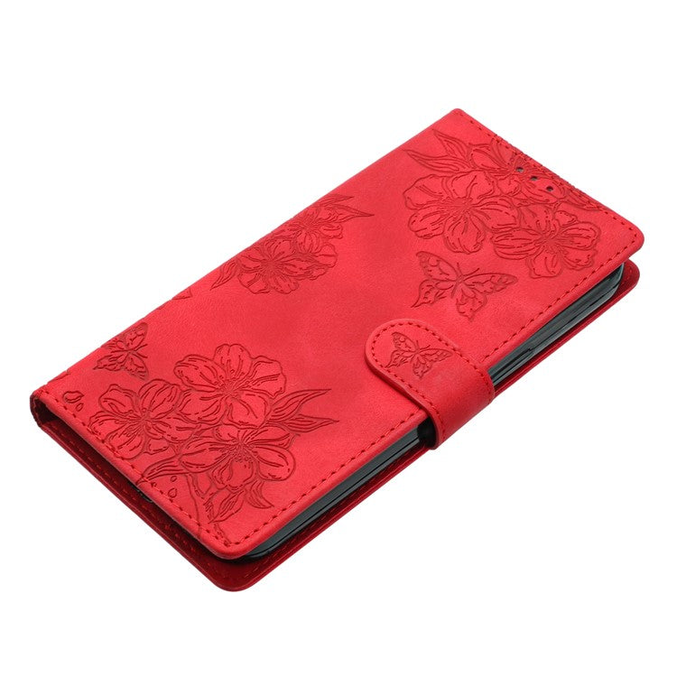 For Google Pixel 8 Case PU Leather Wallet Phone Cover Imprinted Butterfly Flowers Wrist Strap - Red