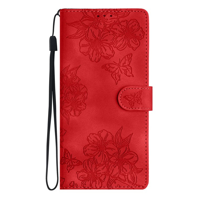 For Google Pixel 8 Case PU Leather Wallet Phone Cover Imprinted Butterfly Flowers Wrist Strap - Red