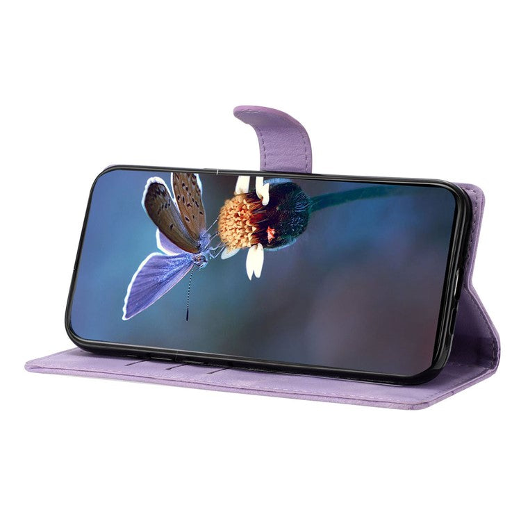 For Google Pixel 8 Case PU Leather Wallet Phone Cover Imprinted Butterfly Flowers Wrist Strap - Purple