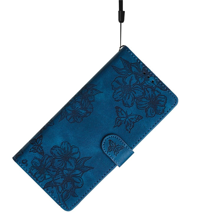 For Google Pixel 8 Case PU Leather Wallet Phone Cover Imprinted Butterfly Flowers Wrist Strap - Blue