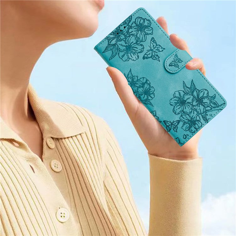 For Google Pixel 8 Case PU Leather Wallet Phone Cover Imprinted Butterfly Flowers Wrist Strap - Green