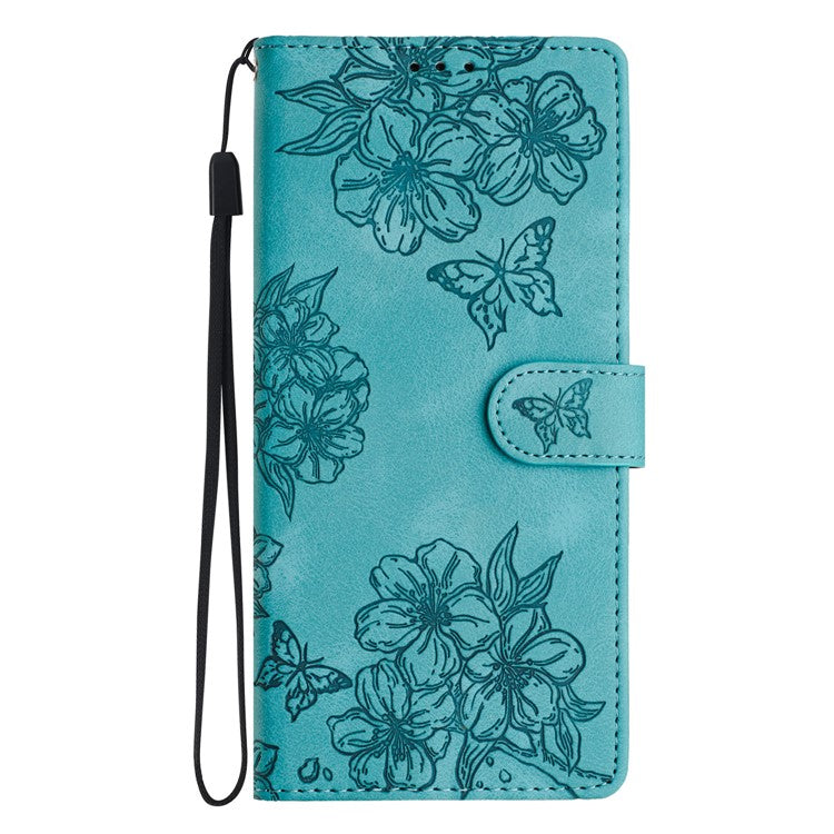 For Google Pixel 8 Case PU Leather Wallet Phone Cover Imprinted Butterfly Flowers Wrist Strap - Green