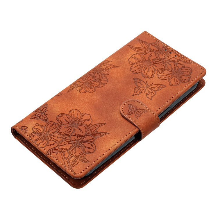 For Google Pixel 8 Case PU Leather Wallet Phone Cover Imprinted Butterfly Flowers Wrist Strap - Brown