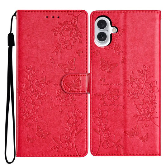 For iPhone 16 Plus Case Butterfly Flower Imprint Wallet Leather Phone Cover with Stand - Red