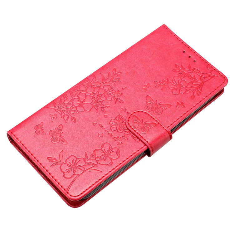 For iPhone 16 Plus Case Butterfly Flower Imprint Wallet Leather Phone Cover with Stand - Red