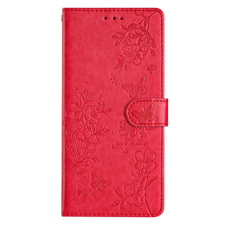 For iPhone 16 Plus Case Butterfly Flower Imprint Wallet Leather Phone Cover with Stand - Red