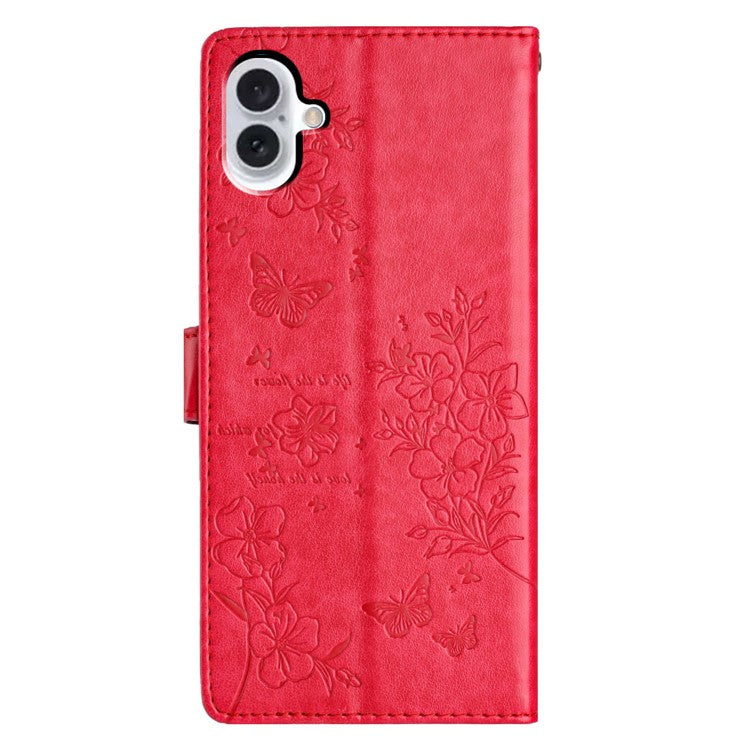 For iPhone 16 Plus Case Butterfly Flower Imprint Wallet Leather Phone Cover with Stand - Red