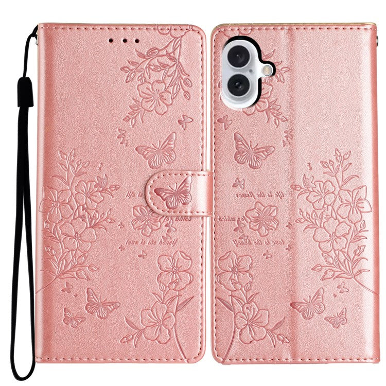 For iPhone 16 Wallet Case Butterfly floral Imprint Leather Stand Phone Cover - Rose Gold
