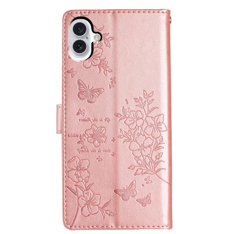 For iPhone 16 Wallet Case Butterfly floral Imprint Leather Stand Phone Cover - Rose Gold