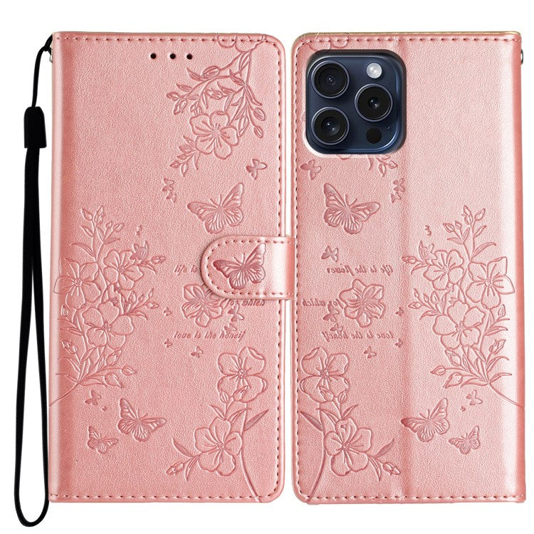 For iPhone 16 Pro Stand Case Butterfly Floral Imprint Leather Wallet Phone Cover - Rose Gold