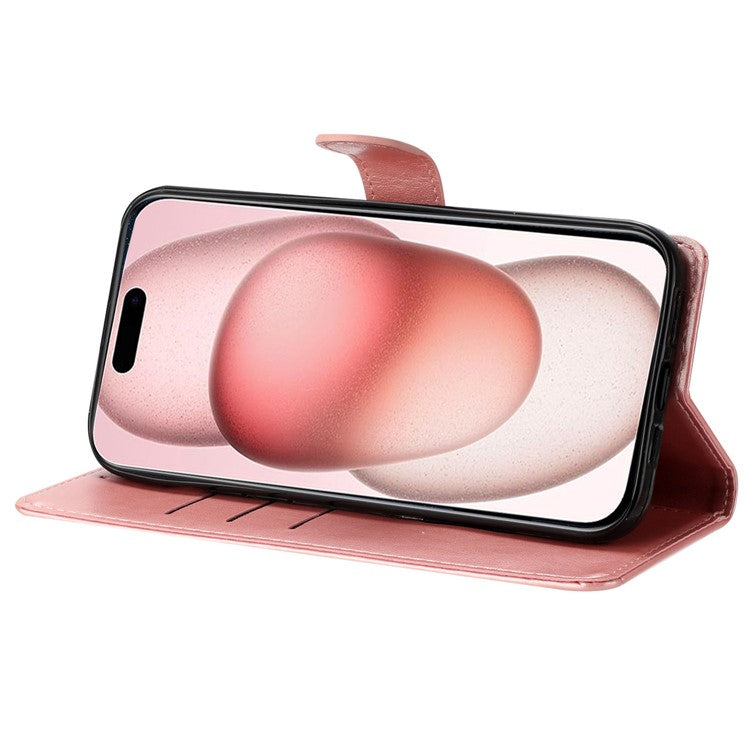 For iPhone 16 Pro Stand Case Butterfly Floral Imprint Leather Wallet Phone Cover - Rose Gold