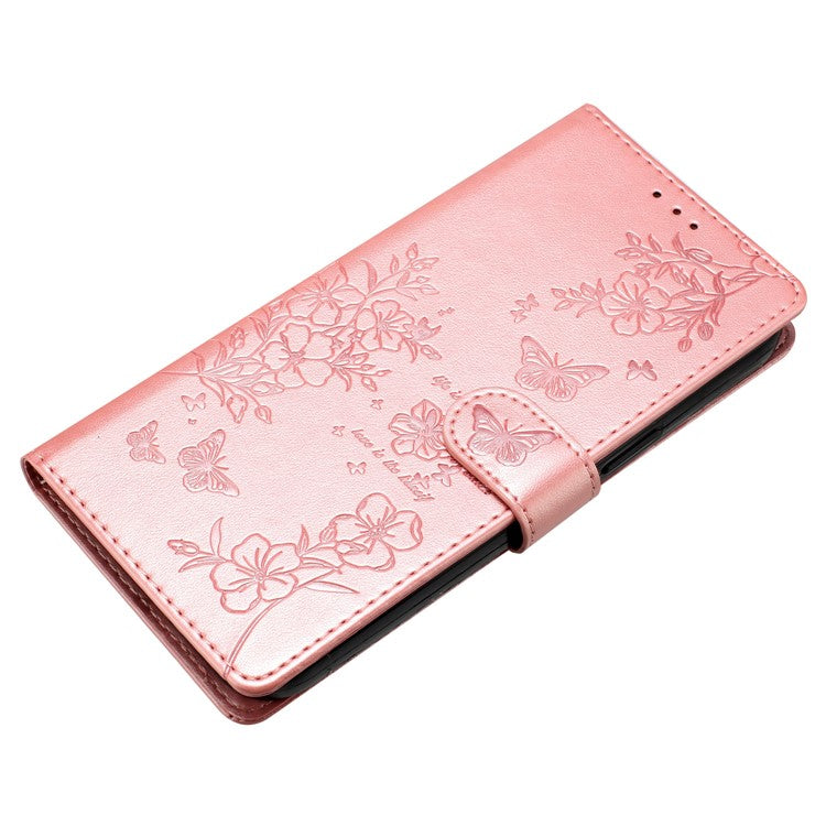 For iPhone 16 Pro Stand Case Butterfly Floral Imprint Leather Wallet Phone Cover - Rose Gold